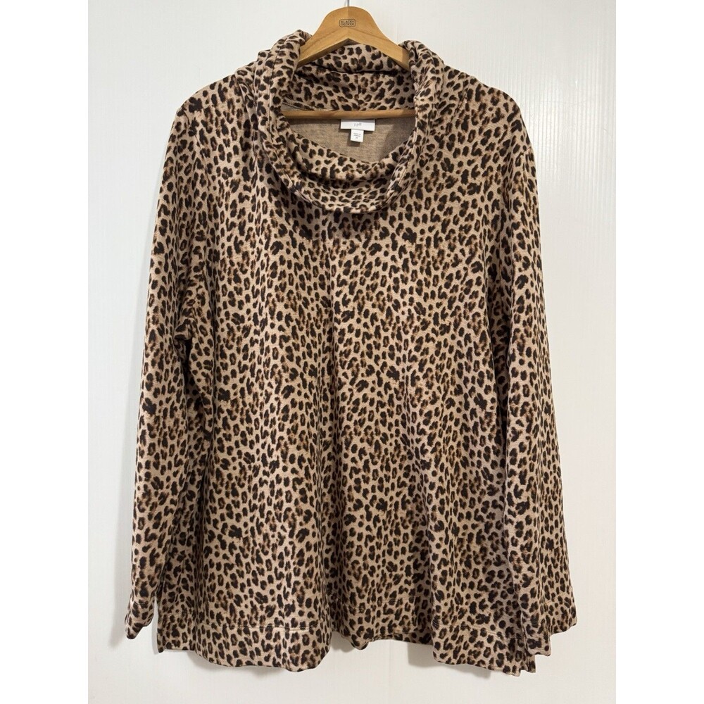 J Jill 2X Womens Sweater Cheetah Print Cowl Neck Pullover Long Sleeve